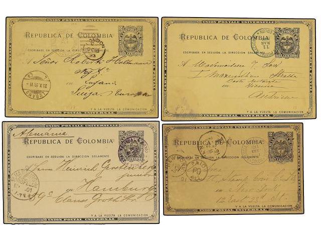 PANAMA. 1891-1901. Cuatro Enteros Postales De COLOMBIA De 2 Ctvos. Circulados A Europa Y USA Con Cancelaciones AGENCIA P - Autres & Non Classés