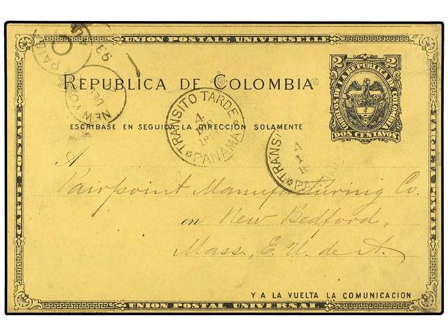 PANAMA. 1893. NOVITA (Colombia) A USA. Entero Postal De 2 Ctvos. Fechador TRANSITO TARDE/PANAMA. - Autres & Non Classés