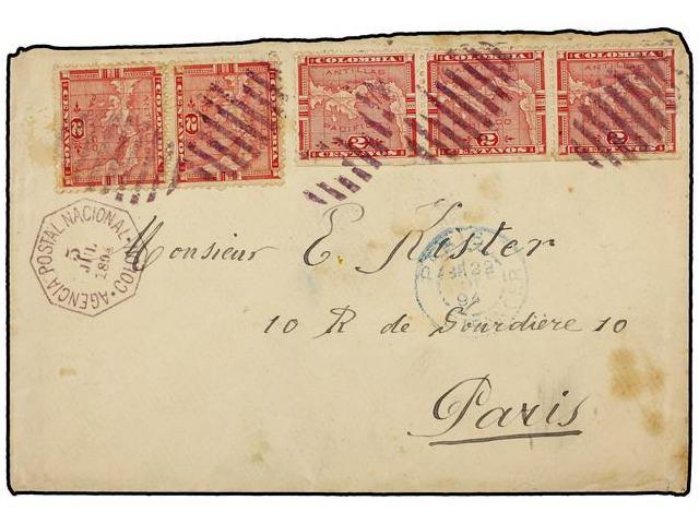 PANAMA. 1894. COLON A PARIS. 2 Cts. Carmín, Pareja Y Tira De Tres. Precioso Franqueo. - Autres & Non Classés