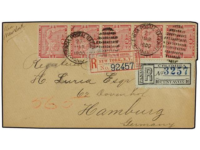 PANAMA. 1900. PANAMA A ALEMANIA. 2 Cts. Rojo Tira De Cinco Y Sello De Certificados De 10 Ctvos. Al Dorso Llegada. - Autres & Non Classés