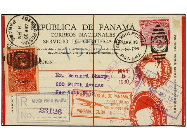 PANAMA. 1930. PANAMA A NEW YORK. Sobre De Certificados De 10 Ctvos. Con Franqueo Adicional De 20 Ctvos. Volado En El Vue - Autres & Non Classés