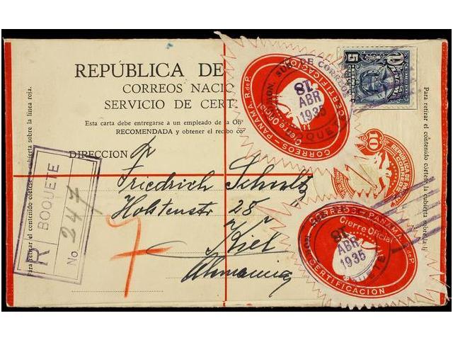 PANAMA. 1935. BOQUETE (Panama) A ALEMANIA. Sobre De Certificados De 10 Ctvos. Con Franqueo Adicional De 5 Cents. - Autres & Non Classés