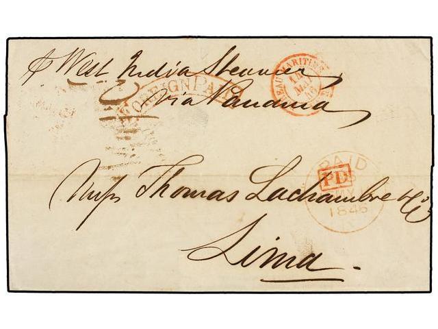 PERU. 1845. HAVRE (Francia) A LIMA (Perú). Via Southampton Donde Se Le Estampo La Marca FOREIGN PAID En Rojo. RARA. - Autres & Non Classés