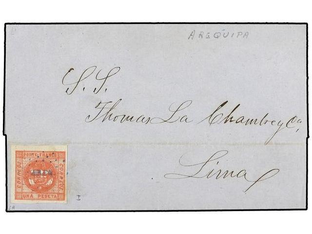 PERU. Sc.8. 1858 (6 Diciembre). AREQUIPA A LIMA. 1 Peseta Rosa Oscuro. Mat. De Puntos AREQ. En Azul. MUY RARA Tonalidad - Andere & Zonder Classificatie