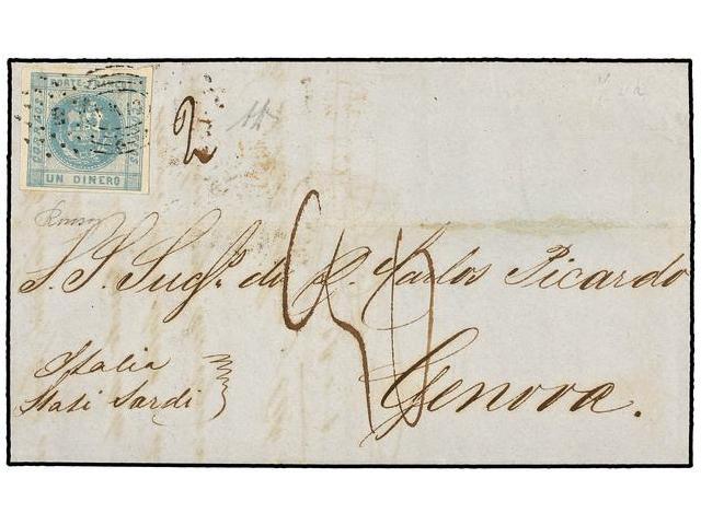 PERU. Sc.7. 1859. LIMA A GENOVA. 1 Dinero Azul Cielo Circulada Directamente Por Buque Sardo Tasada A La Llegada Con ´30´ - Autres & Non Classés