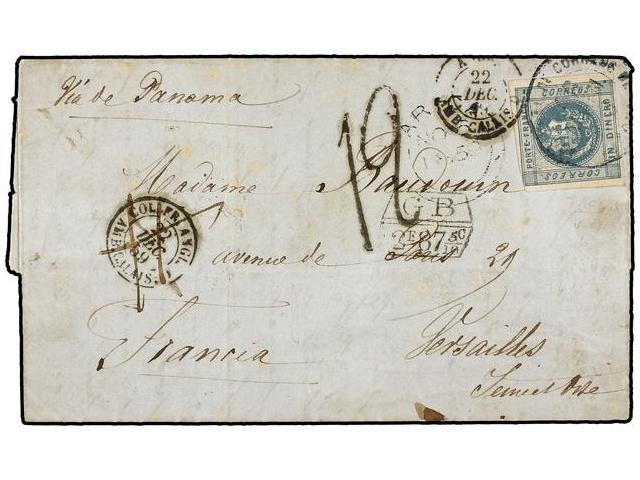 PERU. 1859. TACNA A FRANCIA. 1 Dinero Azul Por El Pago Del Porte Local, Fechador De La B.P.O. ARICA Y Marca De Intercamb - Autres & Non Classés