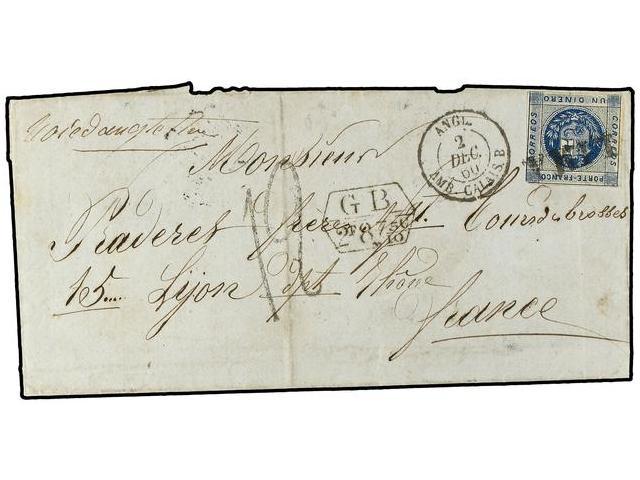 PERU. 1860. E.L. To FRANCE With 1860 1 D. Blue Tied By S/line LIMA Cancel With Boxed GB/2F 87 5/10 C. Accountancy Mark, - Autres & Non Classés