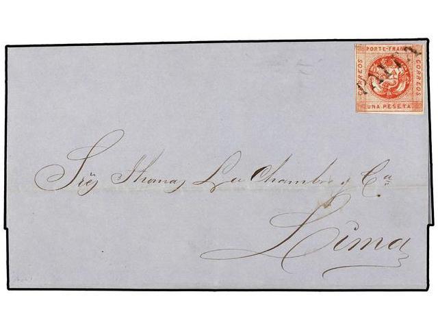 PERU. Yv.7. 1861 (30 Oct.). PAITA A LIMA. 1 Peseta Rojo. Mat. Lineal PAITA. - Autres & Non Classés