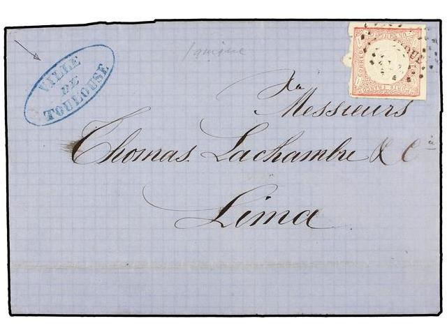 PERU. Yv.8. 1864 (17 Oct.). IQUIQUE A LIMA. 1 Dinero Rosa. Carta Escrita A Bordo Del Buque Francés VILLE DE TOULOUSE, Ma - Autres & Non Classés