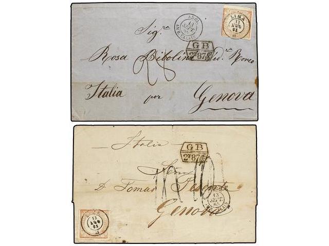 PERU. Sc.12 (2). 1865. Dos Cartas Circuladas De LIMA A GENOVA Circuladas El Mismo Día A Dos Direcciones Distintas Con Se - Autres & Non Classés