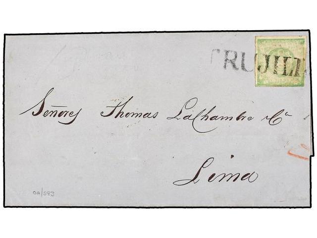 PERU. Sc.14. 1871. TRUXILLO A LIMA. 1 Dinero Verde, Mat. Lineal TRUJILLO En Negro. - Autres & Non Classés