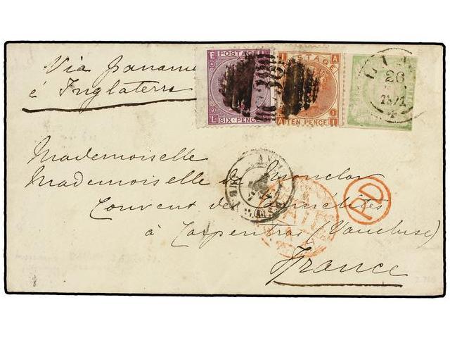 PERU. 1871. LIMA A FRANCIA. 1 Dinero Verde Y Sellos De GB De 6 P. Lila, Pl. 9 Y 10 P. Castaño, Pl. 1, Mat. B.P.O. C38 De - Autres & Non Classés