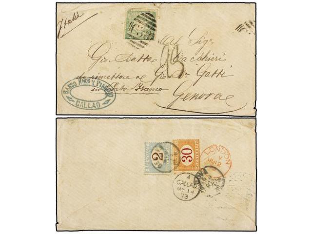 PERU. Sc.14. 1873. CALLAO A GÉNOVA. 1 Dinero Verde. Mat. De La B.P.O. C38. Tasada A La Llegada Con ´23´ Décimas Pagadas - Autres & Non Classés