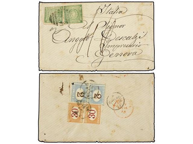 PERU. 1873. CALLAO A GÉNOVA (Italia). 1 Dinero Verde (2). Mat. De La B.P.O. De Callao C38. Tasada A La Llegada Con 4 Lir - Autres & Non Classés