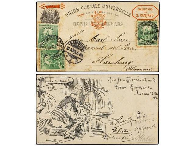 PERU. 1889. Entero Postal De 1 Ctvo. Con Ilustracion De Origen Privado Al Dorso. Circulado A ALEMANIA. ESPECTACULAR Y RA - Autres & Non Classés