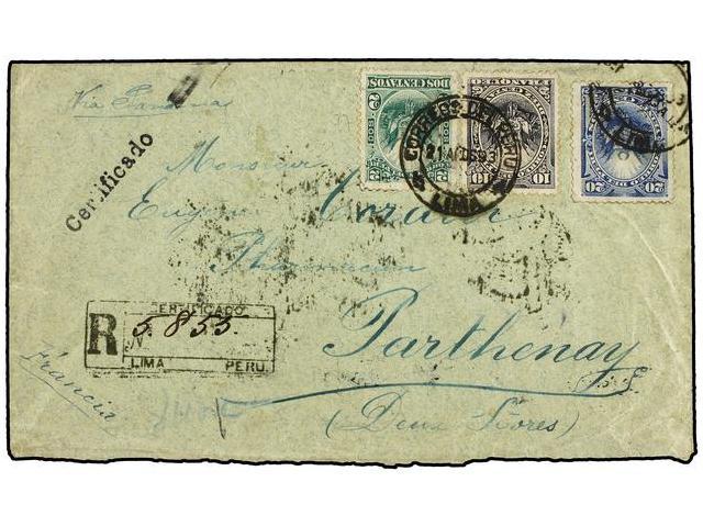 PERU. 1893. LIMA A FRANCIA. 2 Cts. Verde, 10 Cts. Gris Y 20 Cts. Azul. Carta Certificada. - Autres & Non Classés