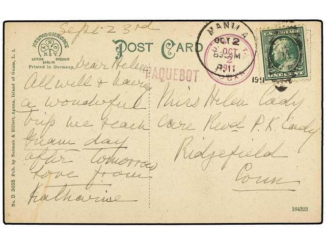 FILIPINAS. 1911. GUAM To U.S.A. Postcard With 1 Ctvo. USA Stamp With MANILA Cancel And U.S.A. T LOGAN+PAQUEBOT Maritime - Autres & Non Classés