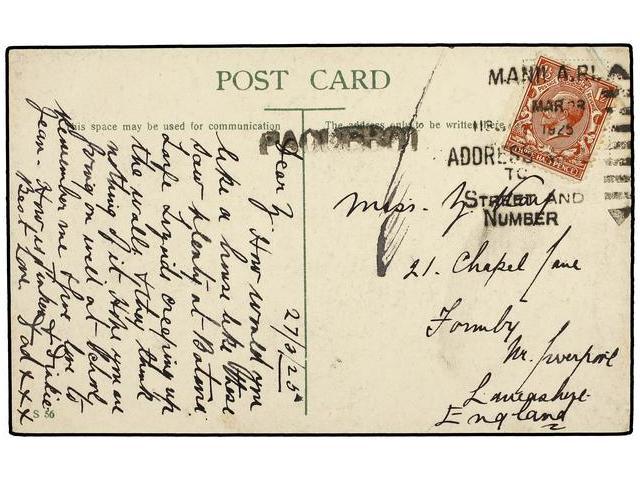 FILIPINAS. 1925. SINGAPOR Postcard Franked With GB. 1 1/2 P. Stamp With MANILA Cancel And PAQUEBOT Lineal Mark. - Autres & Non Classés