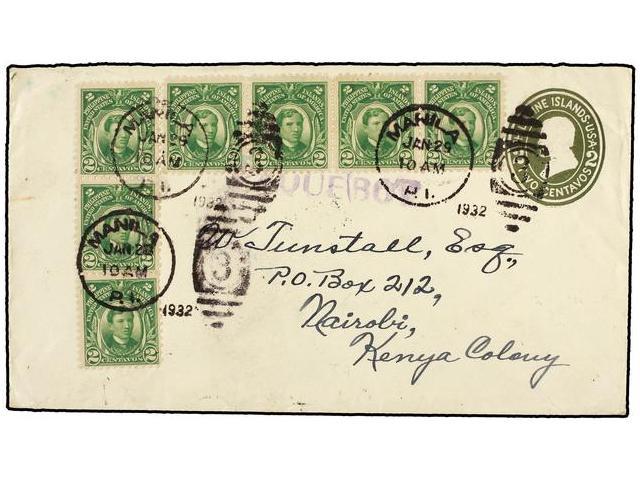 FILIPINAS. 1932. MANILA To NAIROBI (Kenya). 2 Ctvos. Olive Green Envelope Uprated With Seven Stamps Of 2 Ctvos. Green. P - Autres & Non Classés