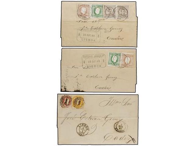 PORTUGAL. 1867-83. Tres Cartas Circuladas A España, Diversos Franqueos. - Autres & Non Classés