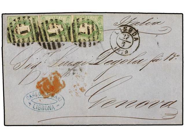 PORTUGAL. Af.23 (3). 1870. LISBOA A GÉNOVA. 50 Reis Verde (3), Margenes Ajustados. - Autres & Non Classés