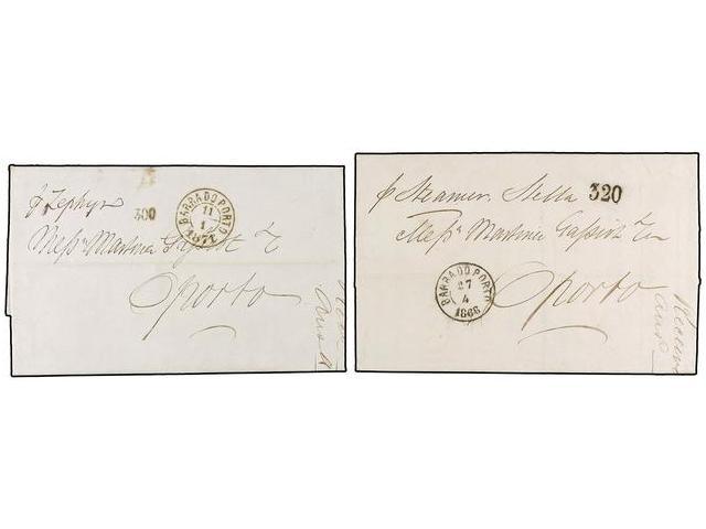 PORTUGAL. 1866-78. Cuatro Cartas Circuladas De LONDRES A PORTO. Fechador De Llegada BARRA DO PORTO Y Marcas De Tasa ´100 - Autres & Non Classés