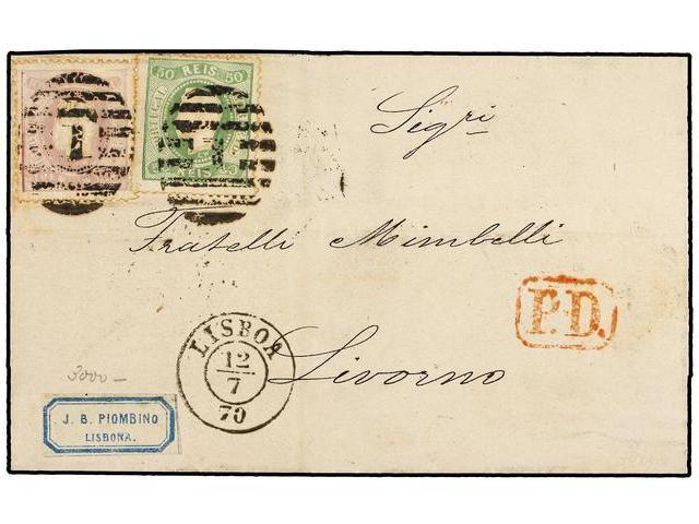 PORTUGAL. Af.31, 33. 1870. LISBOA A LIVORNO (Italia). 50 Reis Verde Y 100 Reis Lila, Mat. Numeral ´1´ De Lisboa, Al Dors - Autres & Non Classés