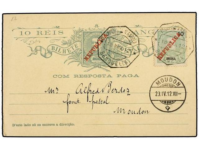 ANGOLA. 1912. BENGUELLA A SUIZA. Entero Postal Doble De 10 + 10 Reis Circulado Con Franqueo Adicional De 10 Reis, Interi - Autres & Non Classés