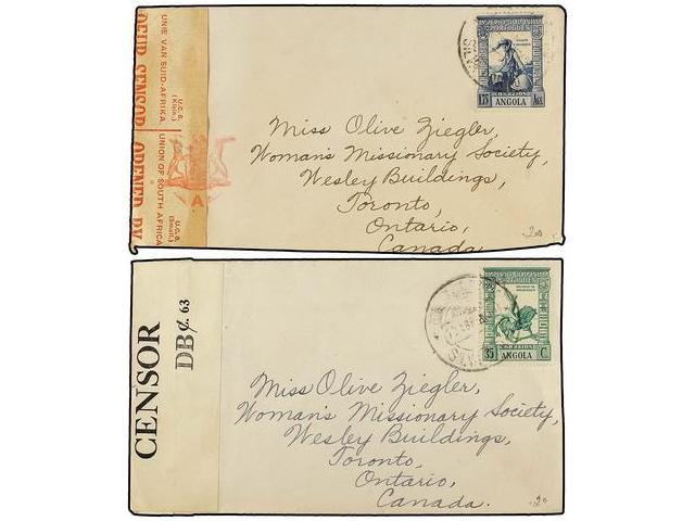 ANGOLA. 1942. Dos Cartas Circuladas Desde SILVA A CANADA Con Sellos De 35 Cts. Y 1,75 Ags. Etiquetas De Censura Militar. - Autres & Non Classés