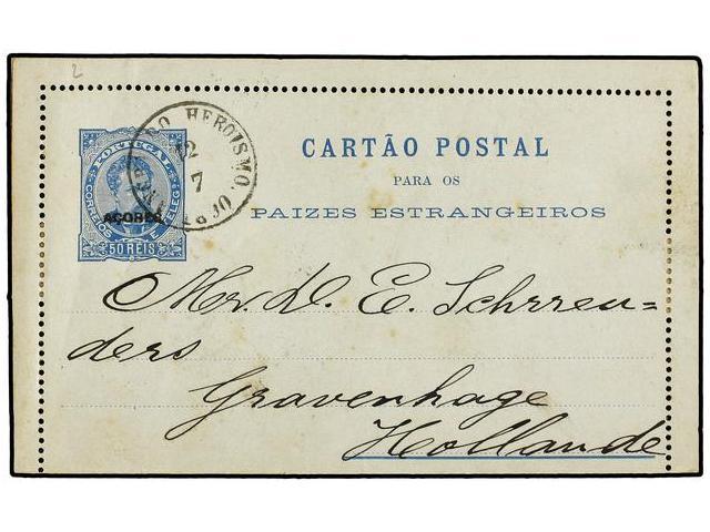 PORTUGAL: AZORES. 1890. ANGRA DO HEROISMO A HOLANDA. Entero Postal De 50 Reis Azul, Al Dorso Llegada. - Autres & Non Classés