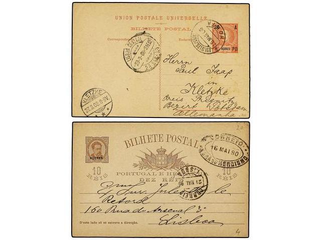 PORTUGAL: AZORES. 1890-1908. Cuatro Enteros Postales De 10 Reis, 20 Reis (2) Y  20 + 20 Reis Circulados Desde HORTA (2), - Autres & Non Classés