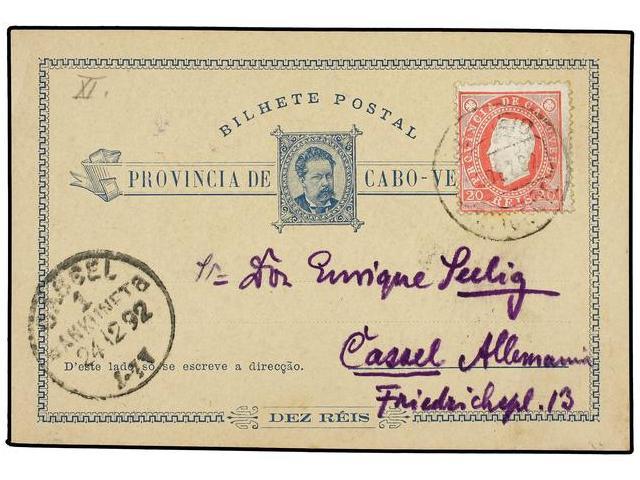 CABO VERDE. 1892. SAN VICENTE A ALEMANIA. Entero Postal De 10 Reis Con Franqueo Adicional De 20 Reis Rosa. - Autres & Non Classés