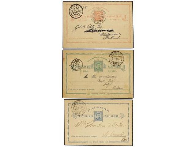 CABO VERDE. 1892-1904. Tres Enteros Postales De 10 Reis Azul, 20 Reis Rosa Y 30 Reis Verde Circulados En El Interior Y A - Autres & Non Classés