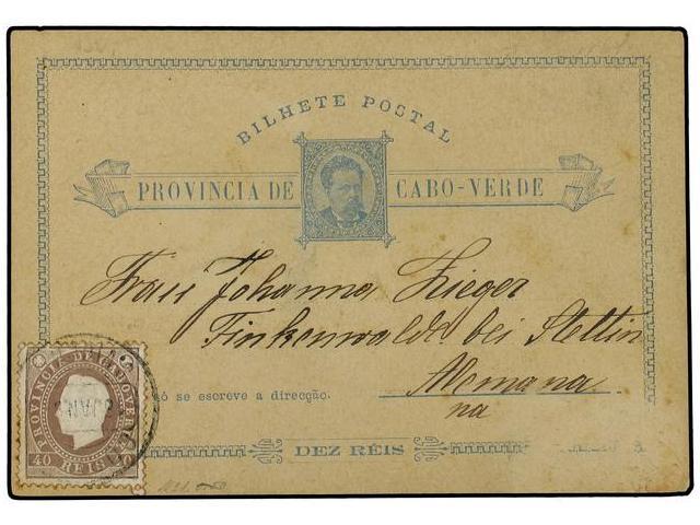 CABO VERDE. 1894 (Jan 18). Cape Verde 10c. Blue Postal Stationery Card Used To Stettin, Germany; Up-rated With 1886 40r. - Autres & Non Classés