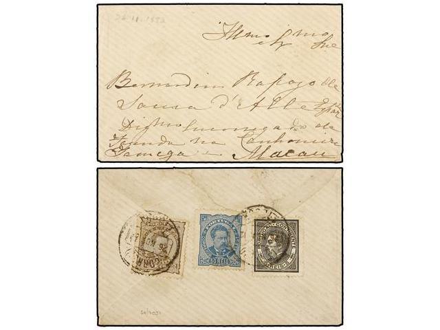 MACAO. 1882. LISBOA A MACAO. 5 Reis Negro, 25 Reis Bistre Y 50 Reis Azul. Muy Bonito Franqueo Tricolor. Rara Destinacion - Autres & Non Classés