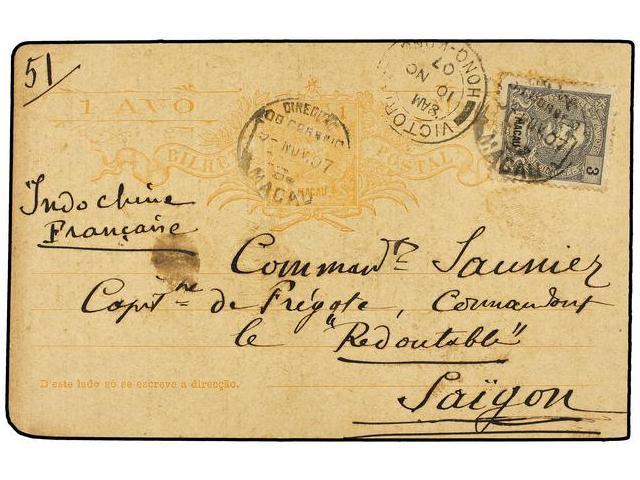 MACAO. 1907. MACAO A SAIGON (Indochina). Entero Postal De 1 Avo. Naranja Con Franqueo Adicional De 3 Avos. MUY RARA Dest - Autres & Non Classés