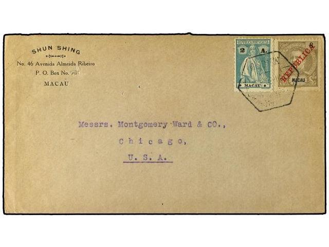 MACAO. 1930. Envelope To Chicago Franked 2A Ceres + 8a Carlos Overprinted ´Republica´ Tied By Datestamp.  Hong Kong Tran - Autres & Non Classés