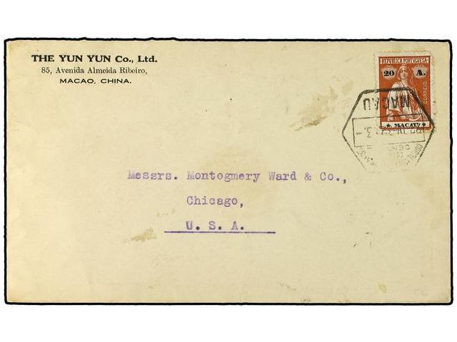 MACAO. 1932. Envelope To Chicago Franked 20A Ceres Tied By Datestamp. Hong Kong Transit Cds On Reverse. - Andere & Zonder Classificatie