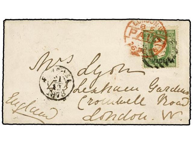 PORTUGAL: MADEIRA. Af.18. 1878. FUNCHAL A LONDRES. 50 Reis Verde, Dent. 13 1/2 (Fita Direita) Mat. PARRILLA CON CIFRA 45 - Autres & Non Classés