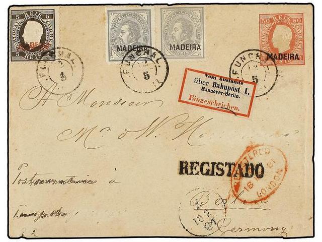 PORTUGAL: MADEIRA. Mu.14, 32 (2). 1881. FUNCHAL A BERLÍN (Alemania). Sobre De 50 Reis Rosa Carmín Con Franqueo Adicional - Autres & Non Classés