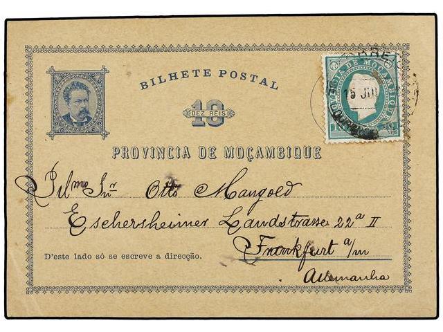 MOZAMBIQUE. 1888. LOURENÇO MARQUES A ALEMANIA. Entero Postal De 10 Reis Azul Con Franqueo Adicional De 10 Reis Verde. - Autres & Non Classés