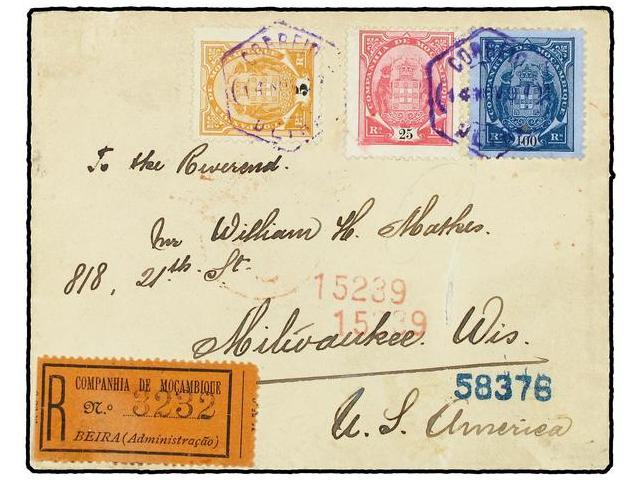 MOZAMBIQUE. 1907 (Nov 14). Registered Cover To USA Franked By 1895-1907 5r. Orange, 25r. Carmine And 100r. Blue On Blued - Autres & Non Classés