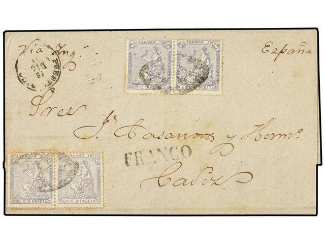 PUERTO RICO. Ant.22(4). 1871. S. JUAN A CADIZ. 25 Cts. Gris (4). Mat. PARRILLA COLONIAL, Circulada Por El Correo Inglés. - Autres & Non Classés