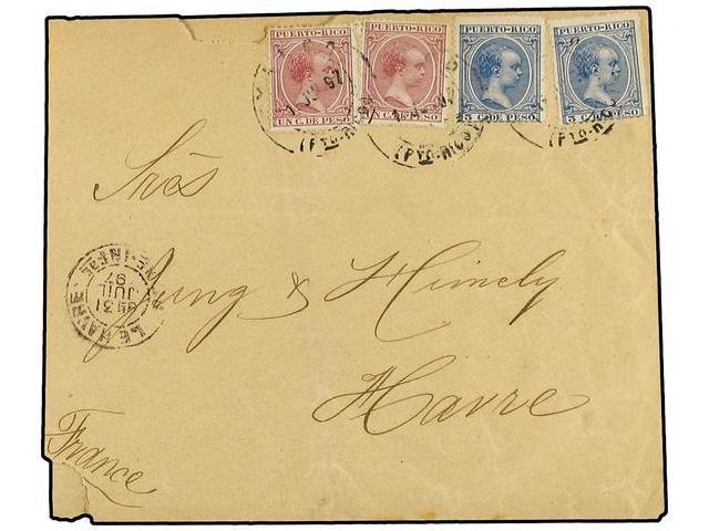 COLONIAS ESPAÑOLAS: PUERTO RICO. 1897. YAUCO A FRANCIA. 1 Ctvo. Rojo (2) Y 3 Cts. Azul (2). Precioso Franqueo. - Autres & Non Classés