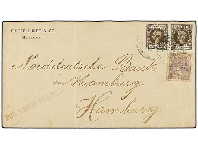 PUERTO RICO. Ed.141 (2) + IG3. 1898. GUERRA ESPAÑA-USA. MAYAGUEZ A HAMBURGO. 8 Cts. Castaño (2) Y Sello De  2 Cts. Viole - Autres & Non Classés