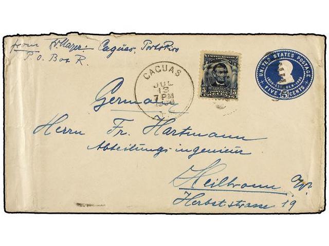 PUERTO RICO. 1909. CAGUAS A ALEMANIA. Entero Postal USA De 3 Ctvos. Azul Con Franqueo Adicional De 5 Ctvos. Azul. - Autres & Non Classés