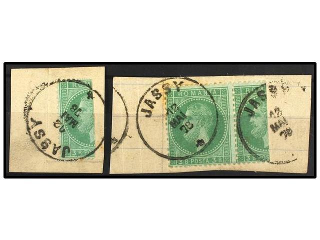 RUMANIA. Mi.37. 1872. 3 Bani Green BISECTED On 2 Pieces, One 1/2 Of 3 Bani And Other With 3 Bani + 1/2 Used On JASSY. - Autres & Non Classés