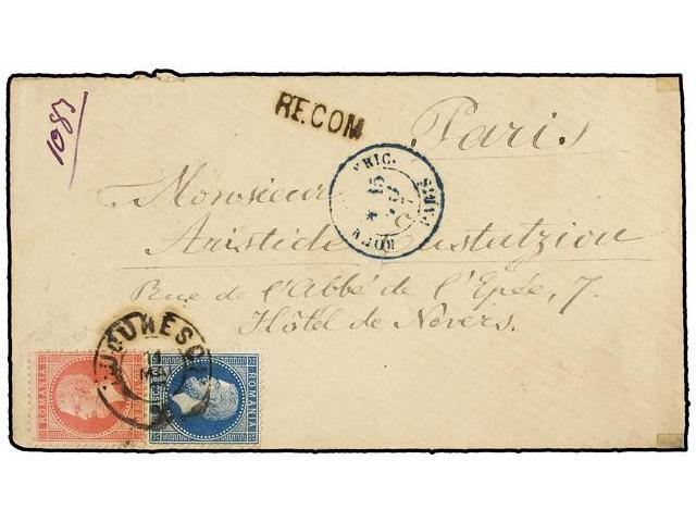 RUMANIA. Mi.39, 42. 1877. BUCAREST To PARIS. 10 Bani Blue And 50 Bani Rose, Tied With BUCURESCI Cds. Registered Cover, A - Autres & Non Classés