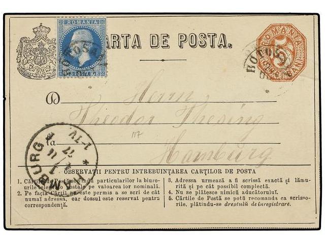 RUMANIA. Mi.39. 1877. BOTOSANI To HAMBURG (Germany). 5 Bani Brown Stationery Card Uprated By 10 Bani Blue Stamp, Arrival - Autres & Non Classés