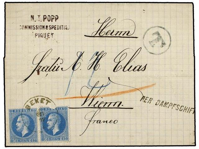 RUMANIA. Mi.39 (2). 1875. BEKET To WIEN (Austria). 10 Bani Blue (2) (one Fault) With BEKET Cds. And Lineal PER DAMPFSCHI - Autres & Non Classés